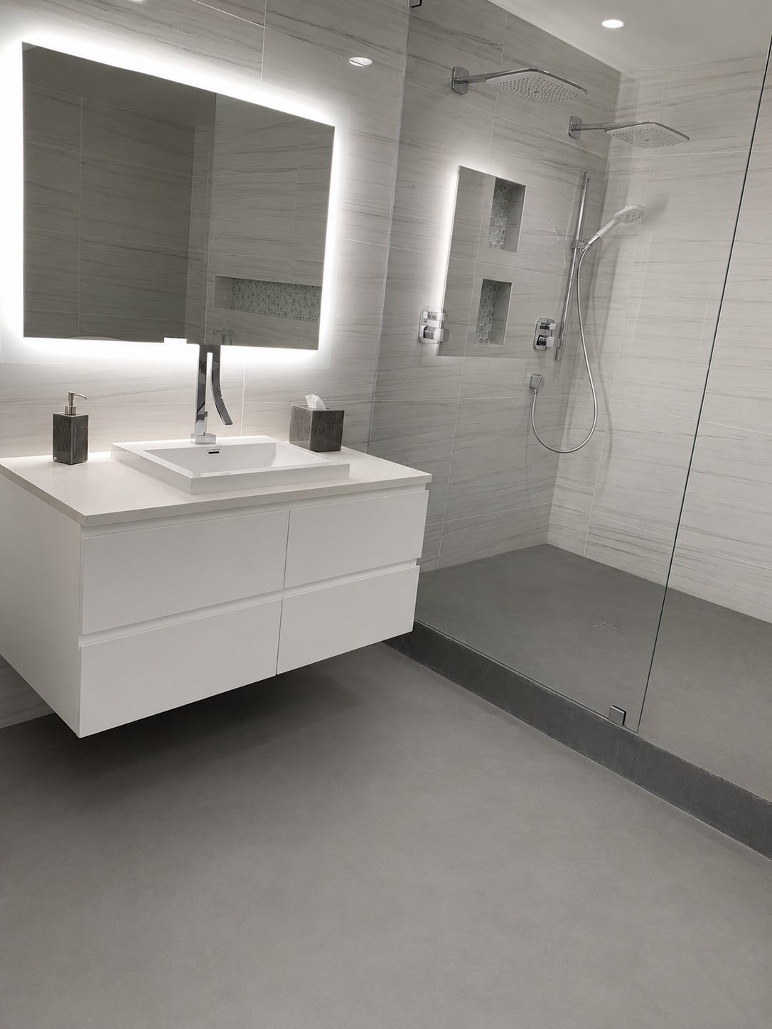 Microcement bathroom floor and seamless curbless shower tray in a Stamford bathroom, Connecticut