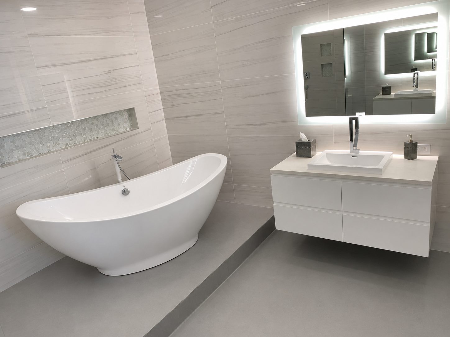 Microcement bathroom floor and raised tub platform in a Stamford residence, Connecticut