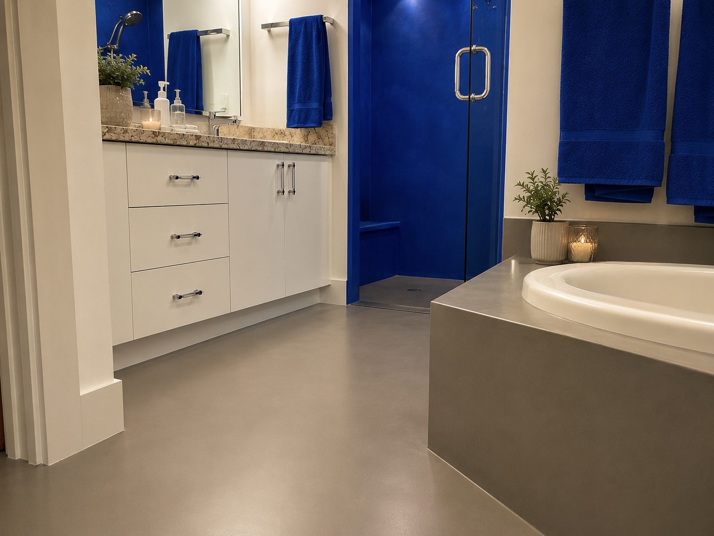 Seamless microcement bathroom floor and tub surround in a Jersey City residence